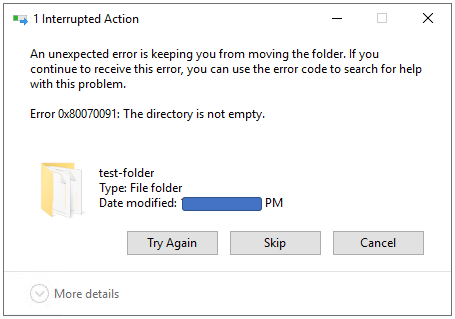 captura de pantalla del mensaje de error cuando se intenta mover el directorio