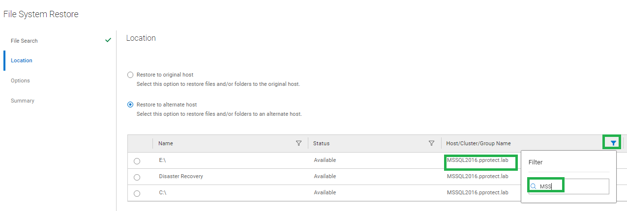Используйте фильтры для отображения хостов для восстановления