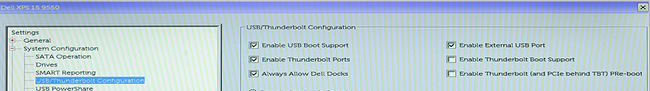 BIOS, configuração USB/THunderbolt do Dell XPS 15 9550