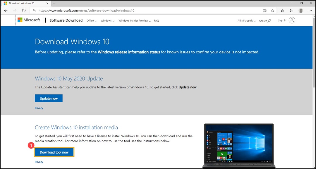 Microsoft Windows 10 Yükleme Medyası Aracı