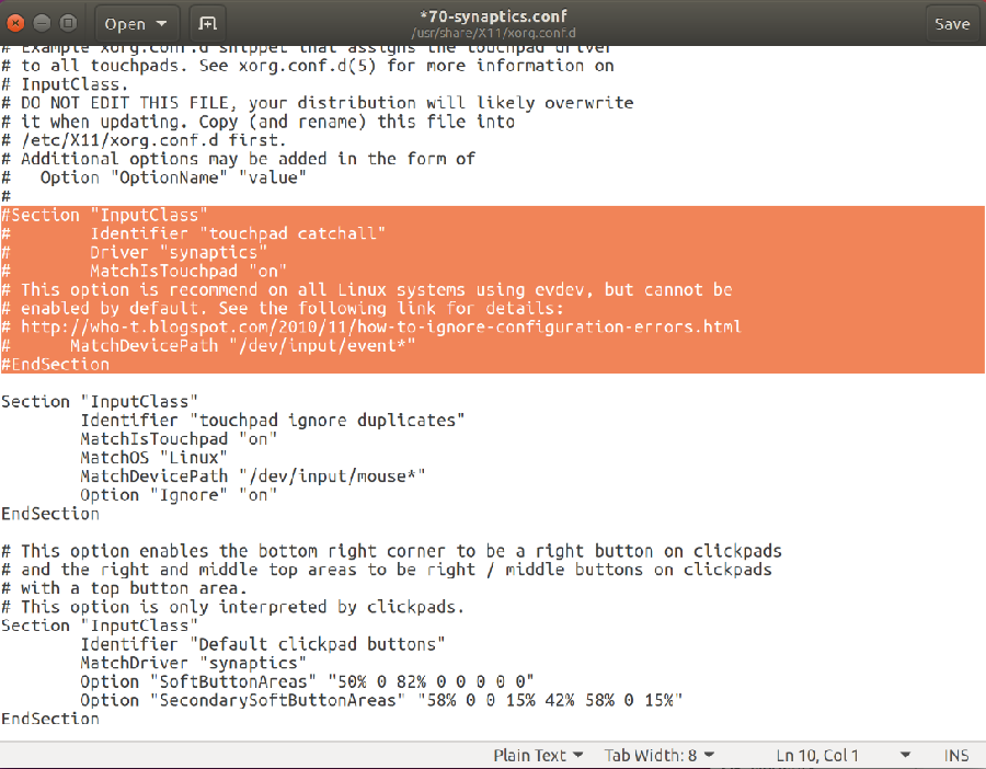 Ubuntu Synaptics.conf File Screenshot