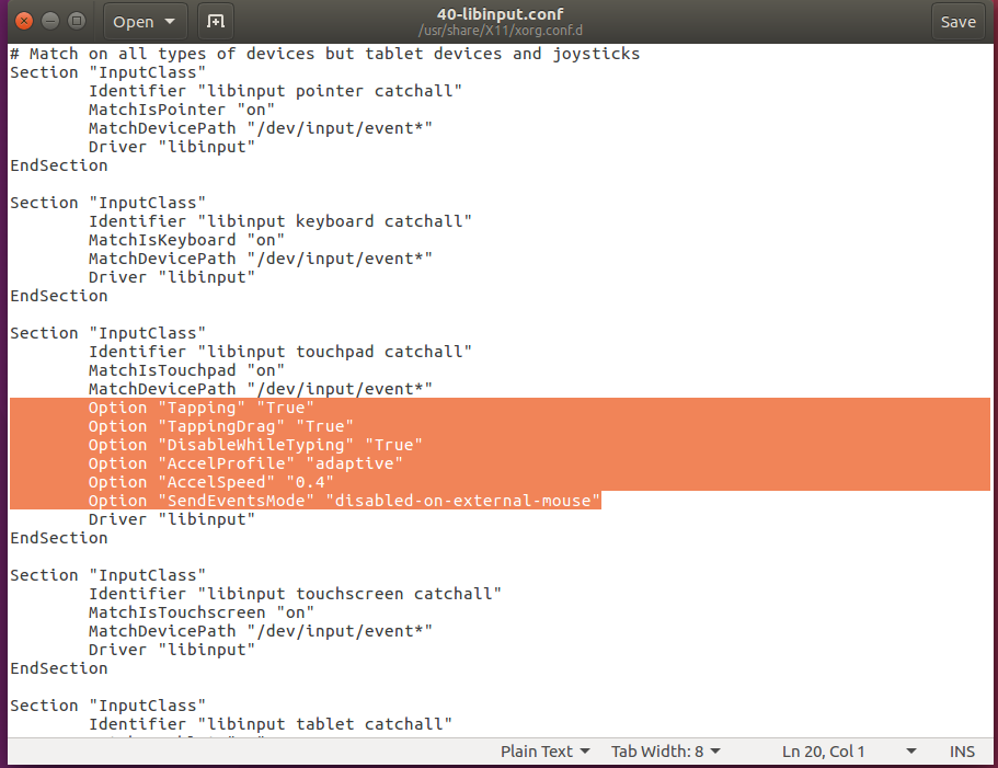 Ubuntu libinput.conf File Screenshot