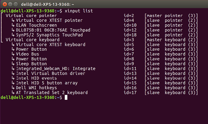 Finestra di Terminale Ubuntu - xinput list