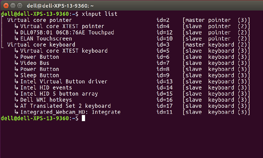 Finestra di Terminale Ubuntu - Xinput list