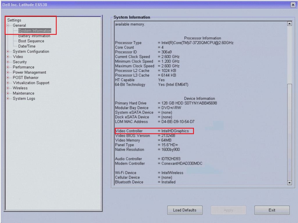 Příklad podrobností o hardwaru v systému BIOS notebooku Latitude E6530