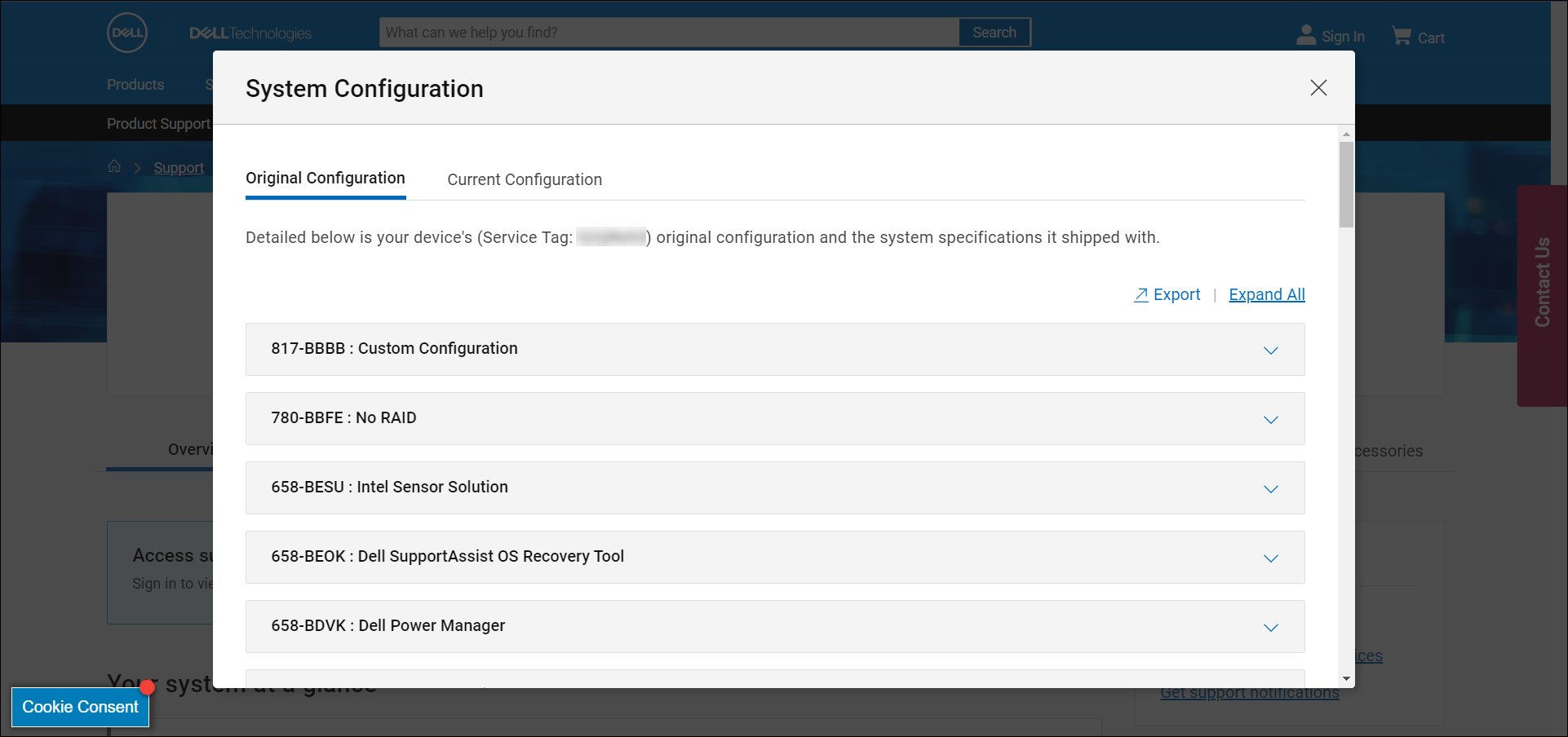 Ejemplo de los detalles de configuración del sistema original en Dell.com/support sitio web