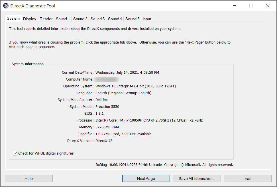 Esempio di dettagli delle informazioni di sistema nello strumento di diagnostica DirectX