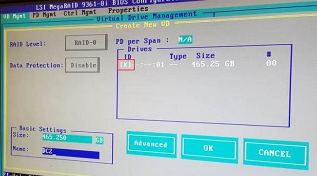 HOW11993_de__4LSI MegaRAID BIOS Virtual Drive Management drive selection screen