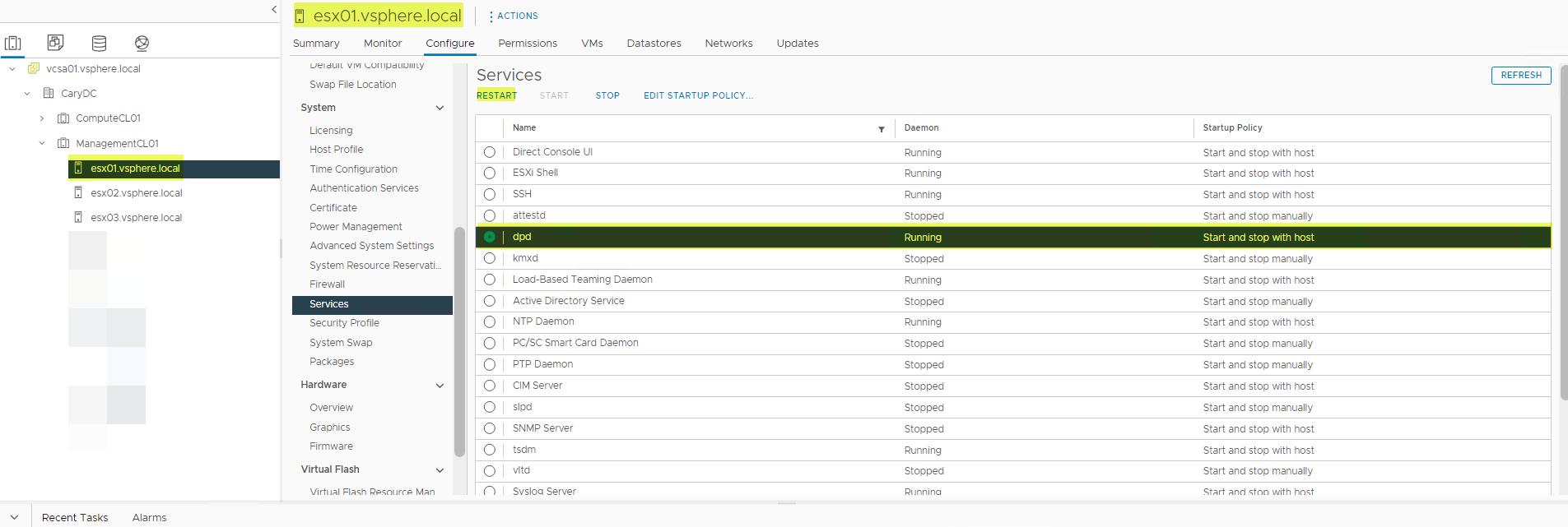 Interfejs użytkownika vSphere przedstawiający sposób ponownego uruchamiania usługi DPD na hoście ESXi, którego dotyczy problem