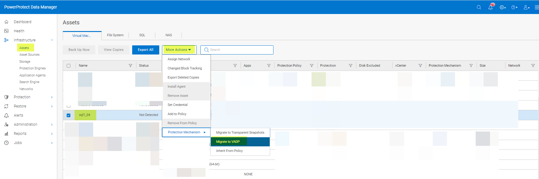En la interfaz de usuario de PowerProtect Data Manager, se muestra cómo cambiar el mecanismo de protección a VAPD