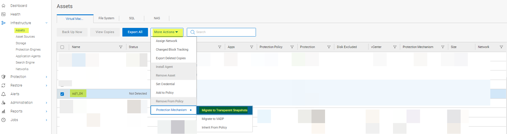 PowerProtect Data Manager UI 顯示如何將保護機制變更為 Transparent Snapshot