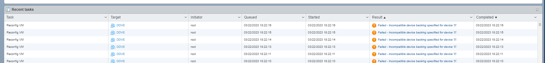 Incompatible Device Backing Specified for Device ‘0’