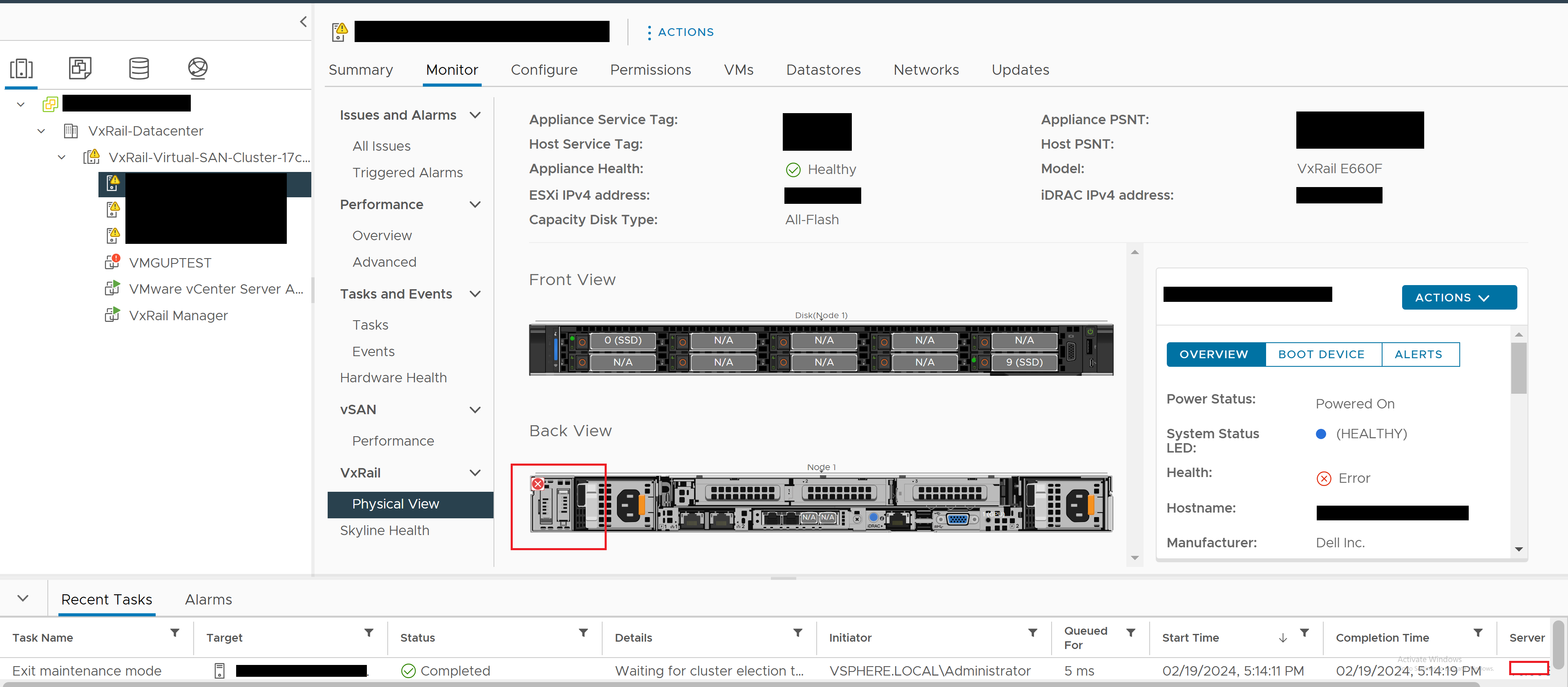 Feil GPU-skjerm på VxRail-plugin, fysisk visning