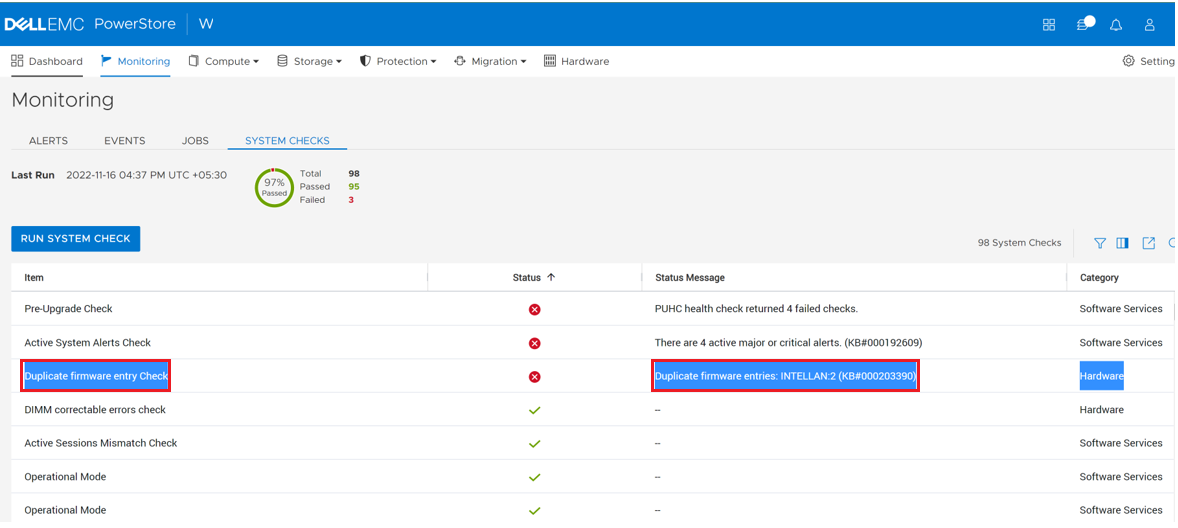 PowerStore System Health Checks detects duplicate firmware entries