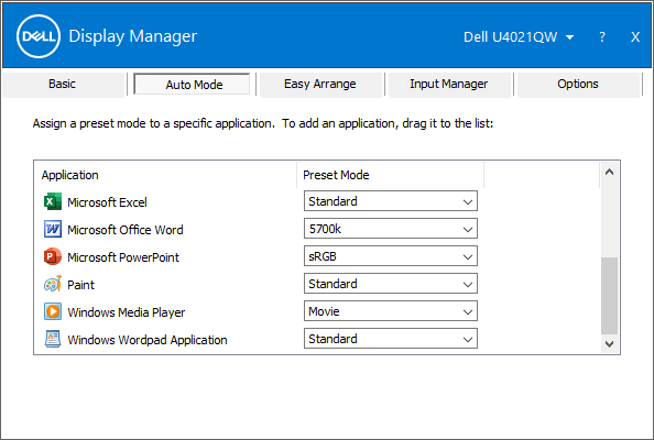 Configurazione preimpostata per applicazione in Dell Display Manager
