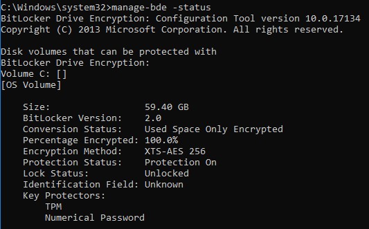 「manage-bde -status」と入力します。