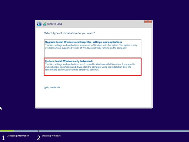 Personalizzata: installa solo Windows (opzione avanzata)