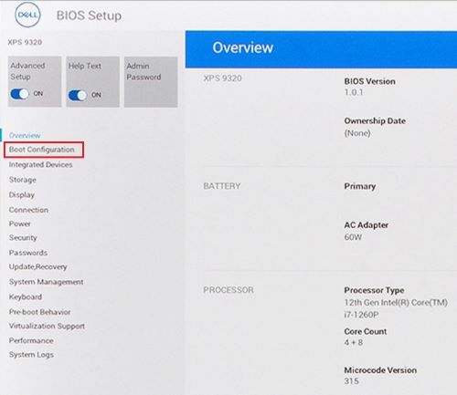 Boot Configuration nel riquadro a sinistra del BIOS UEFI