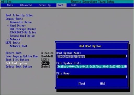 「Add Boot Option（ブートの追加オプション）」のフィールド