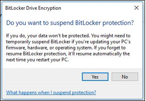 Leggere il messaggio di avviso e cliccare su Sì per sospendere BitLocker