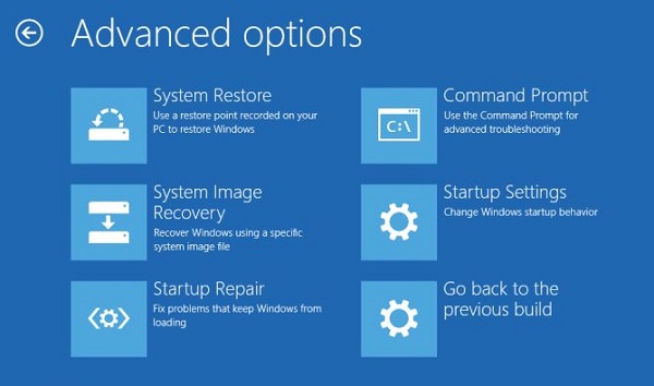 Menu Options avancées de Windows 10