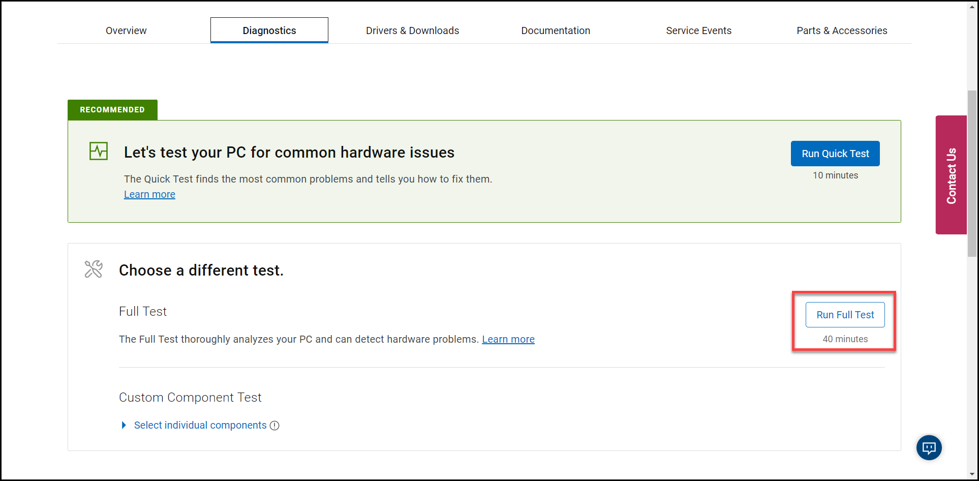 Скріншот кнопки Run Full Test на веб-сайті Dell Support
