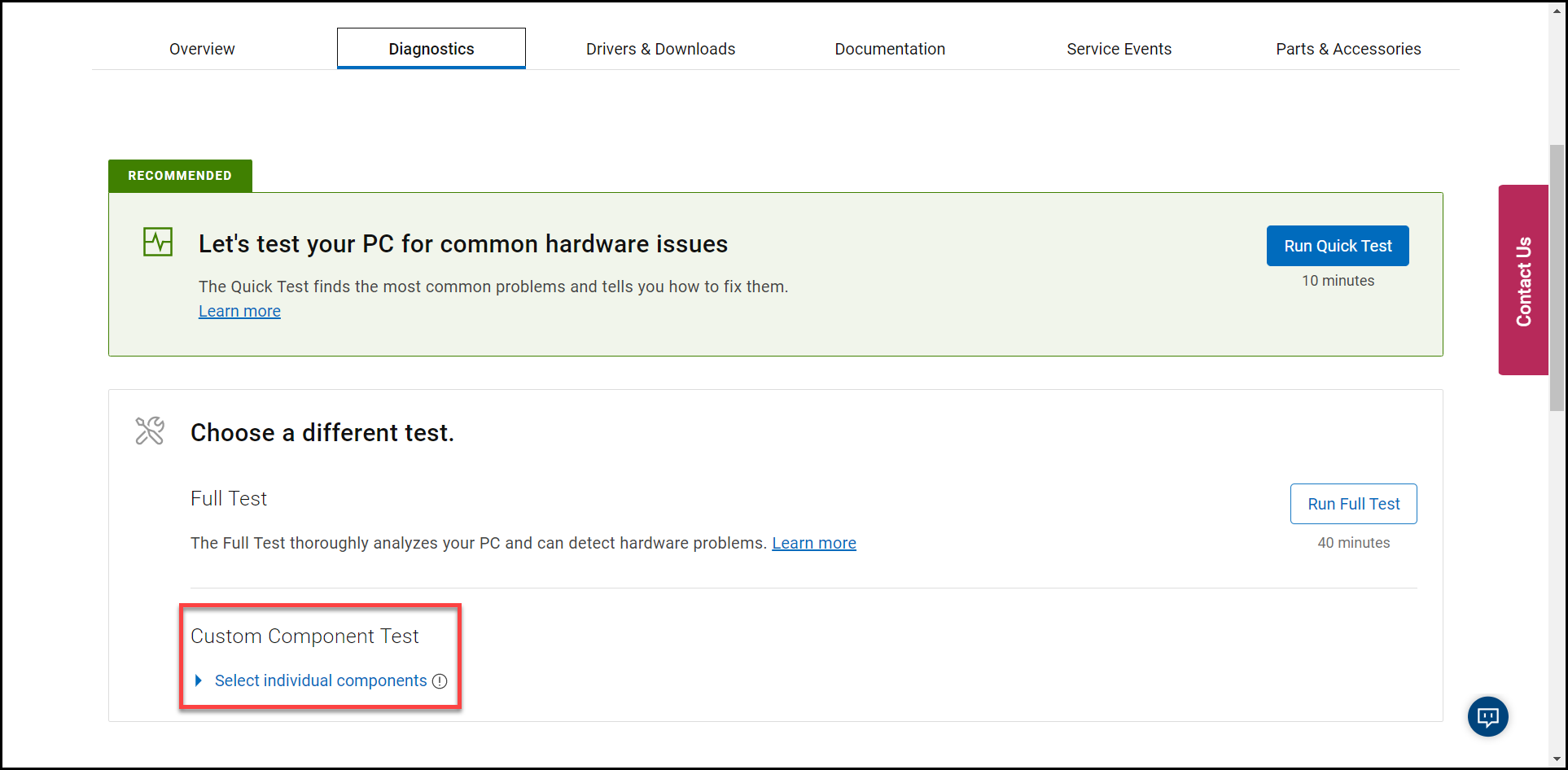 Dell Destek web sitesindeki Custom Component Test (Özel Bileşen Testi) seçeneğinin ekran görüntüsü