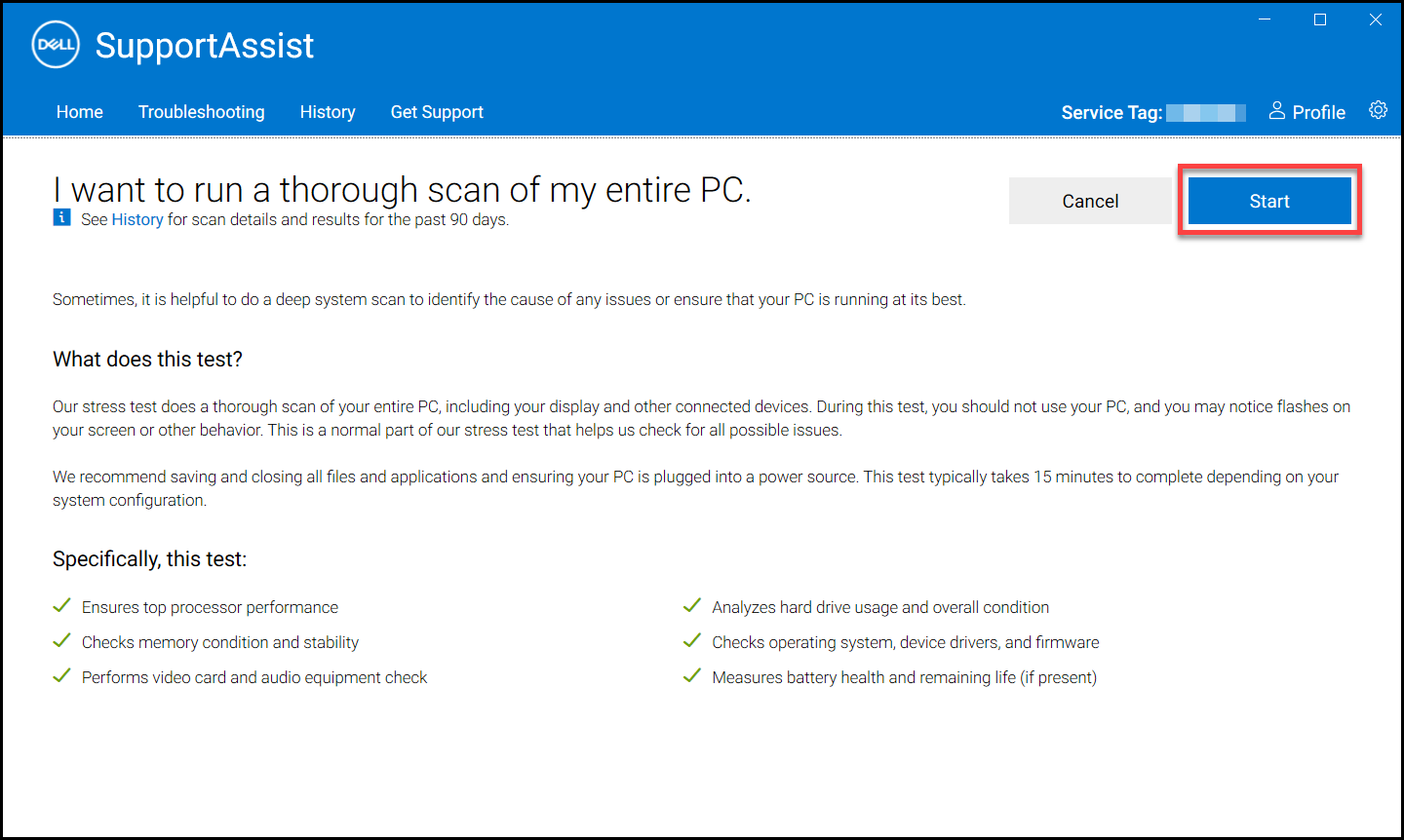 Screenshot of the Start button to run a hardware scan the entire computer