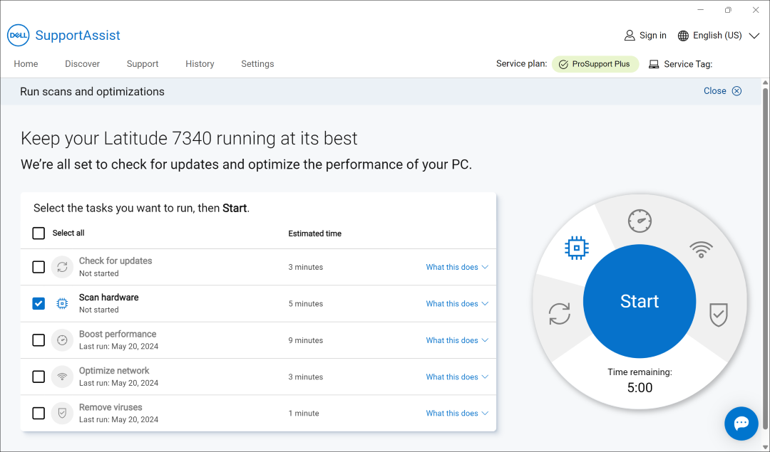 Startknap til hurtig scanning i SupportAssist version 4.0.3