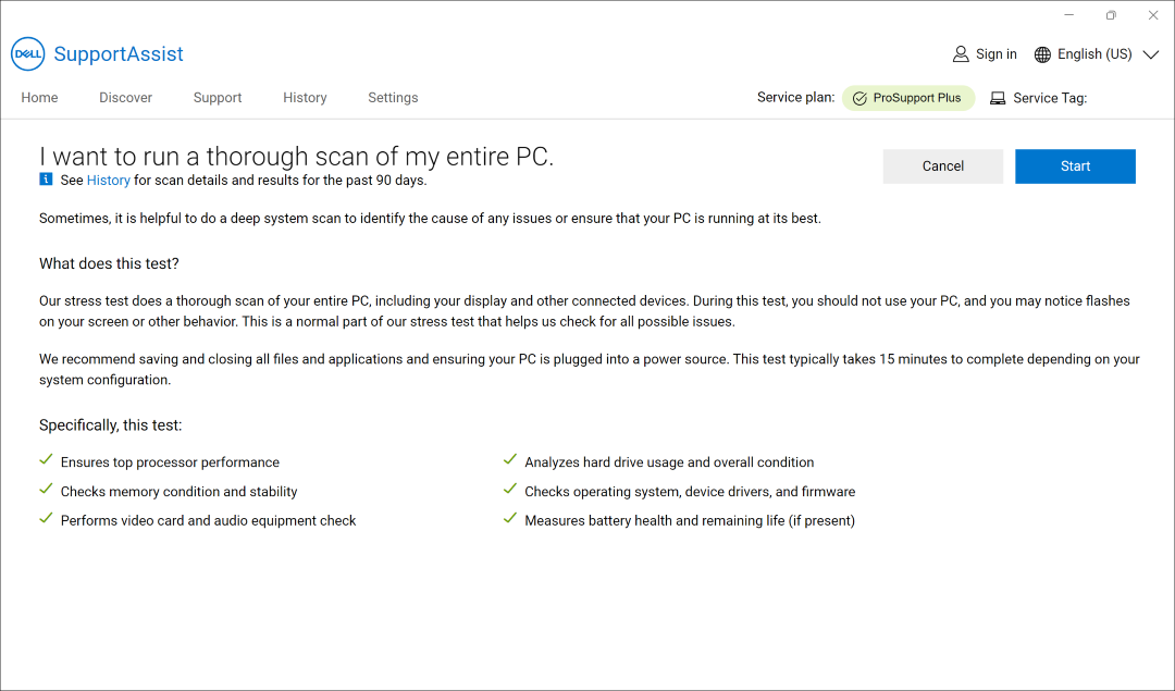 Startknop voor een grondige scan van de gehele pc in SupportAssist versie 4.0.3