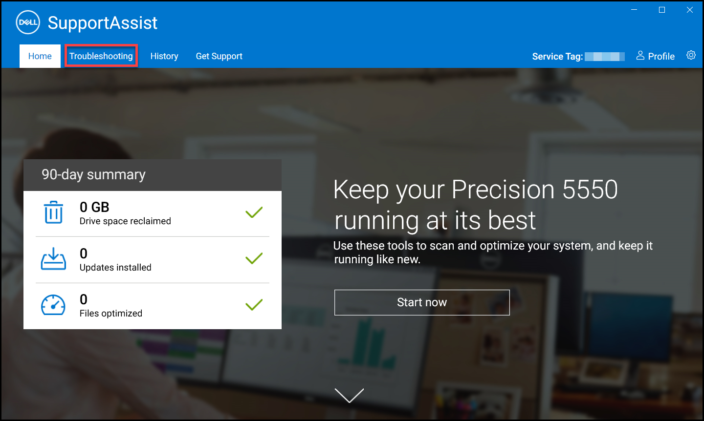 Karta Troubleshooting na domovské obrazovce aplikace SupportAssist