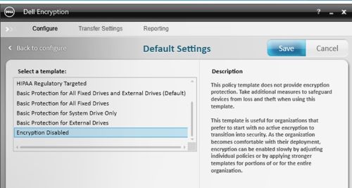 Encryption Disabled (Şifreleme Devre Dışı) şablonunu seçin ve Save (Kaydet) öğesine tıklayın