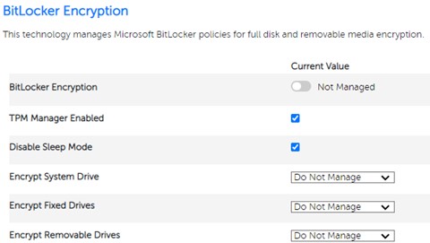 BitLocker Encryption (BitLocker Şifrelemesi) seçeneğini Not managed (Yönetilmiyor) olarak değiştirin
