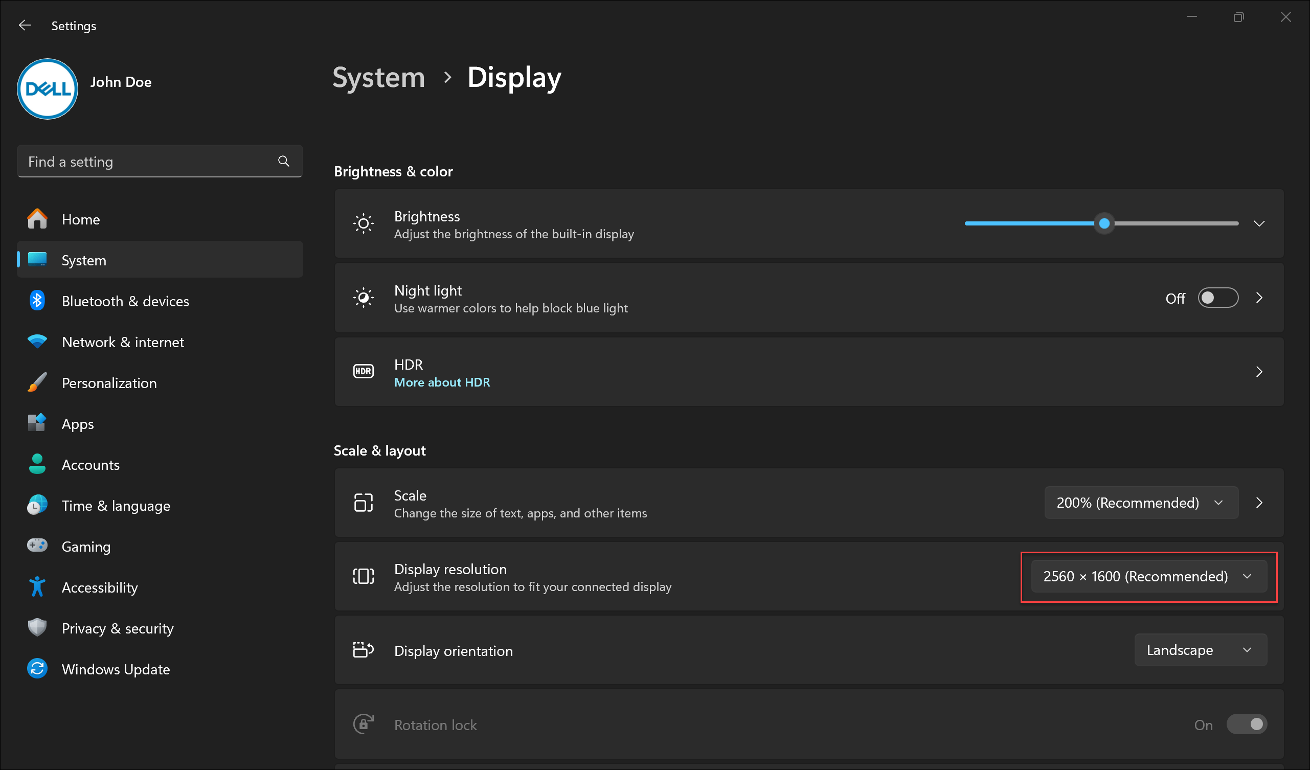 Display resolution option in Windows 11