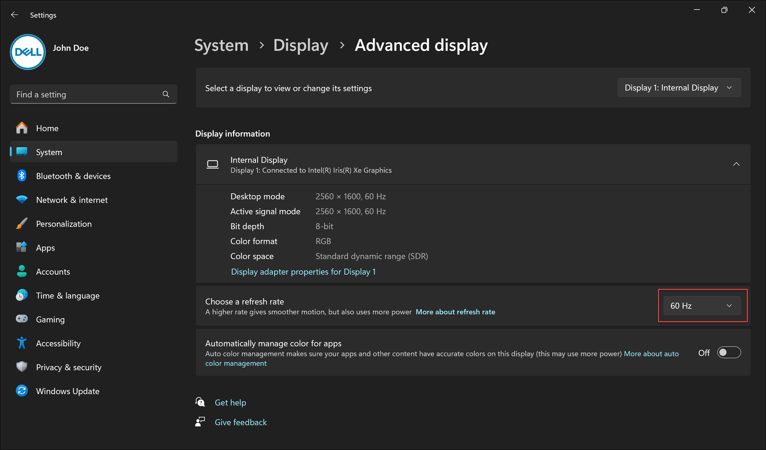 Refresh rate in Windows 11