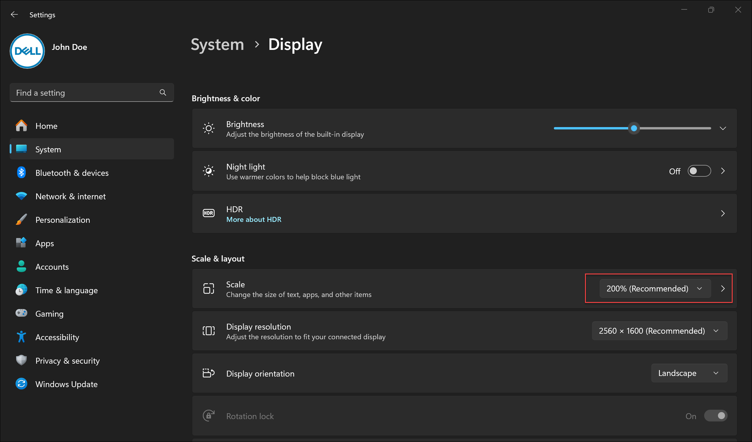 Display scale option in Windows 11