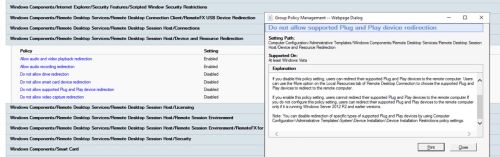 Disable Do not allow supported Plug and Play device redirection