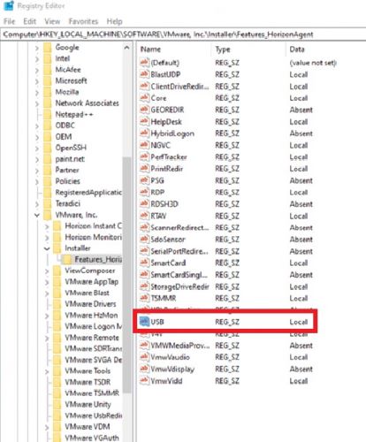 USB Redirect feature in registry