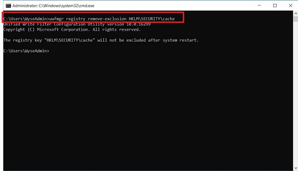 Zadejte příkaz uwfmgr registru odstranění a vyloučení HKLM\SECURITY\cache
