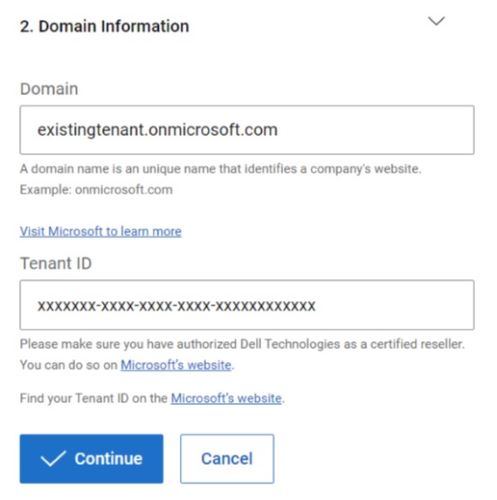 Ange information om Microsoft Tenant Domain och klicka på fortsätt