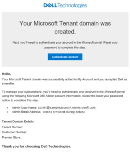 Wiadomość e-mail z potwierdzeniem nowo utworzonego najemcy Microsoft