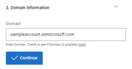 Wprowadź nazwę domeny najemcy Microsoft i kliknij przycisk Continue