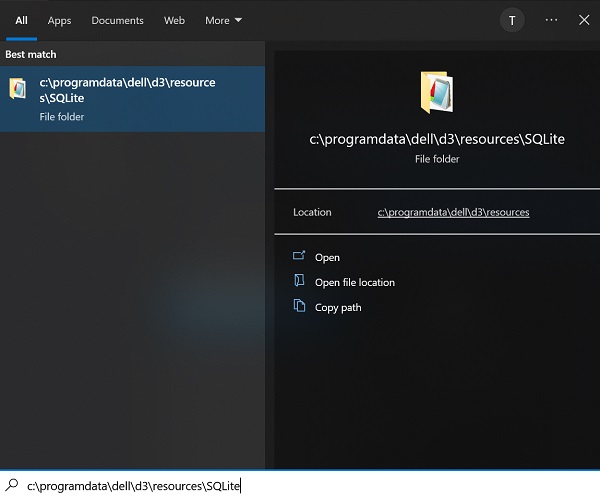 Go to c:\programdata\dell\d3\resources\SQLite
