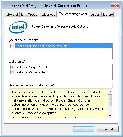 Energieverwaltungseinstellungen des Netzwerk-Controllers Intel 82579LM Gigabit