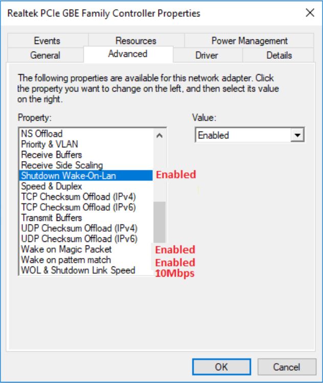 Propriedades avançadas do driver do adaptador de rede Realtek PCIe GBE