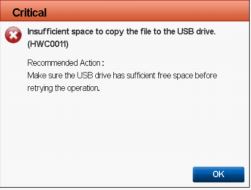 Error message when the export fails because not enough space to copy to the USB drive