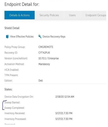 Image depicts endpoint details showing a blank Sweep Started and Sweep Completed state