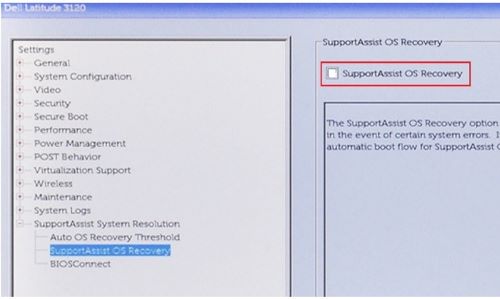 Odznacz pole wyboru SupportAssist OS Recovery