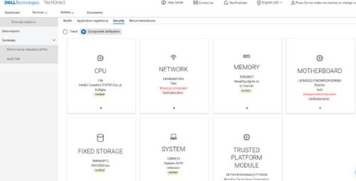 Chybová obrazovka Component Verification v aplikaci SupportAssist