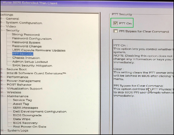 System BIOS Dell Wyse 5070 Włączone zabezpieczenia PTT
